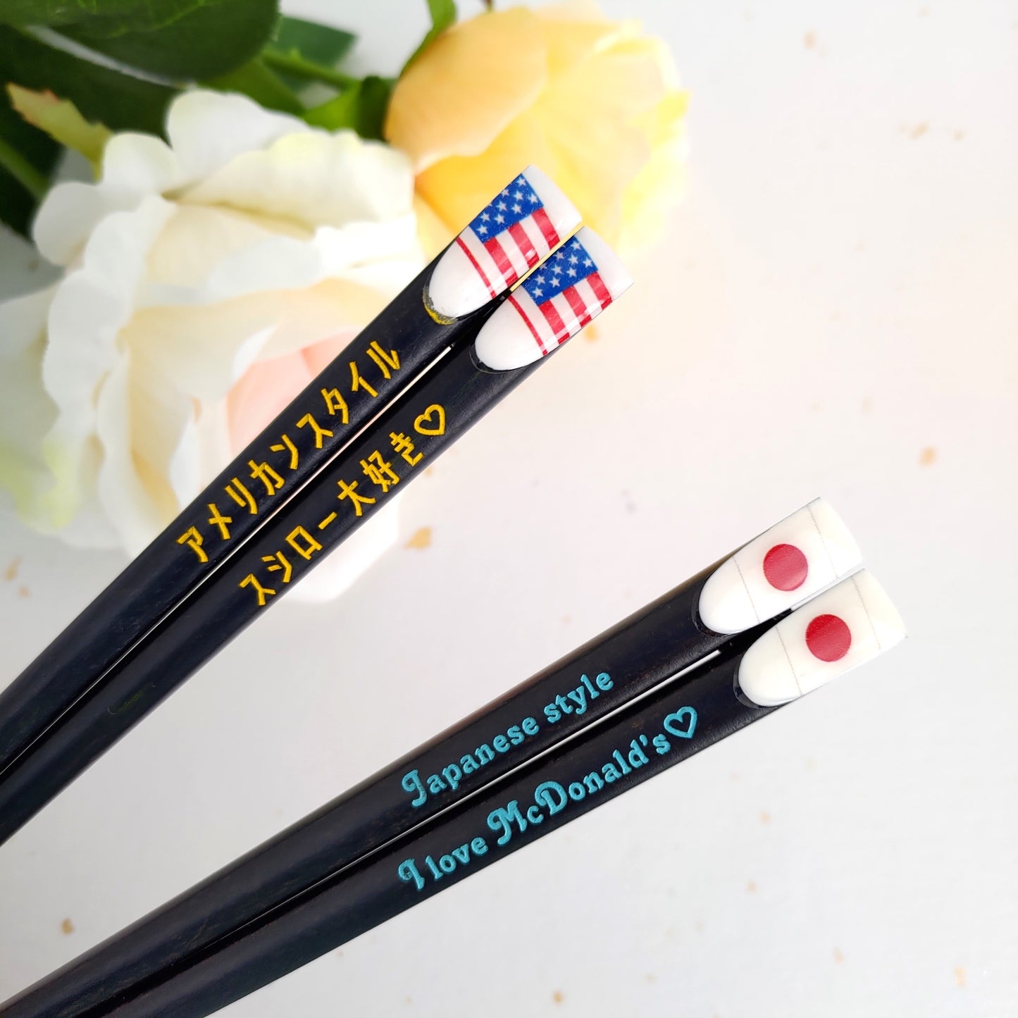 Swell Japanese chopsticks with american and japan flags - SINGLE PAIR WITH ENGRAVED WOODEN BOX SET