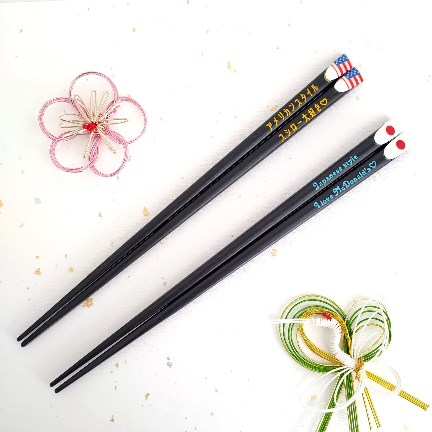 Swell Japanese chopsticks with american and japan flags - DOUBLE PAIR WITH ENGRAVED WOODEN BOX SET