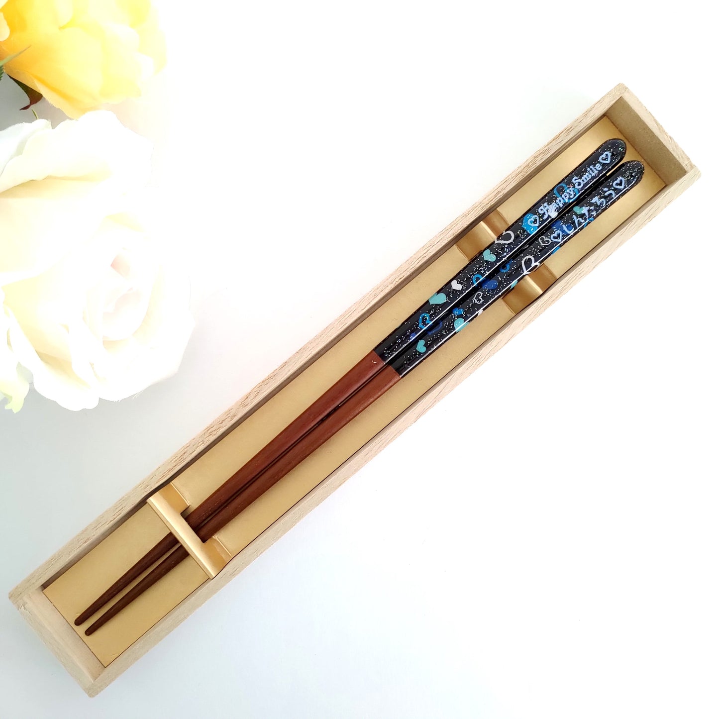 Cute Japanese chopsticks with shiny heart design blue pink - SINGLE PAIR WITH ENGRAVED WOODEN BOX SET