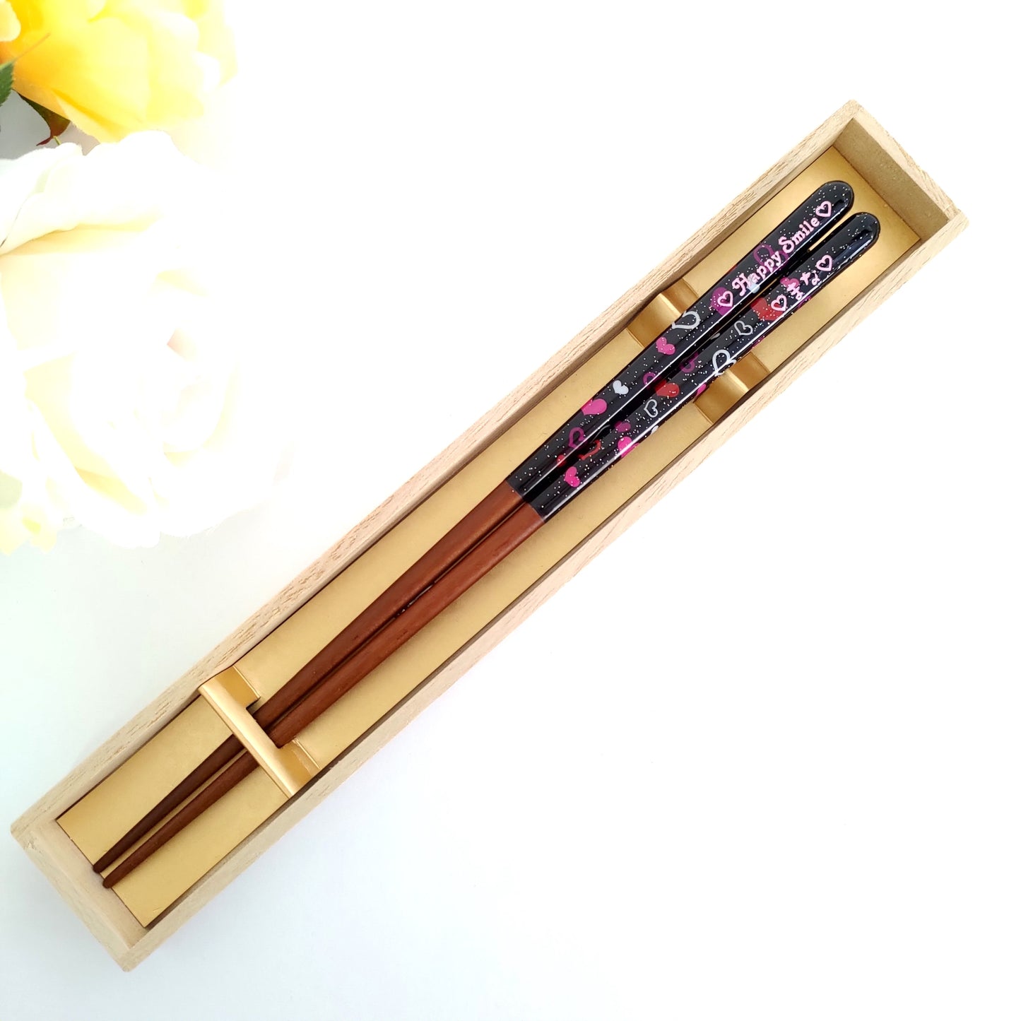 Cute Japanese chopsticks with shiny heart design blue pink - SINGLE PAIR WITH ENGRAVED WOODEN BOX SET