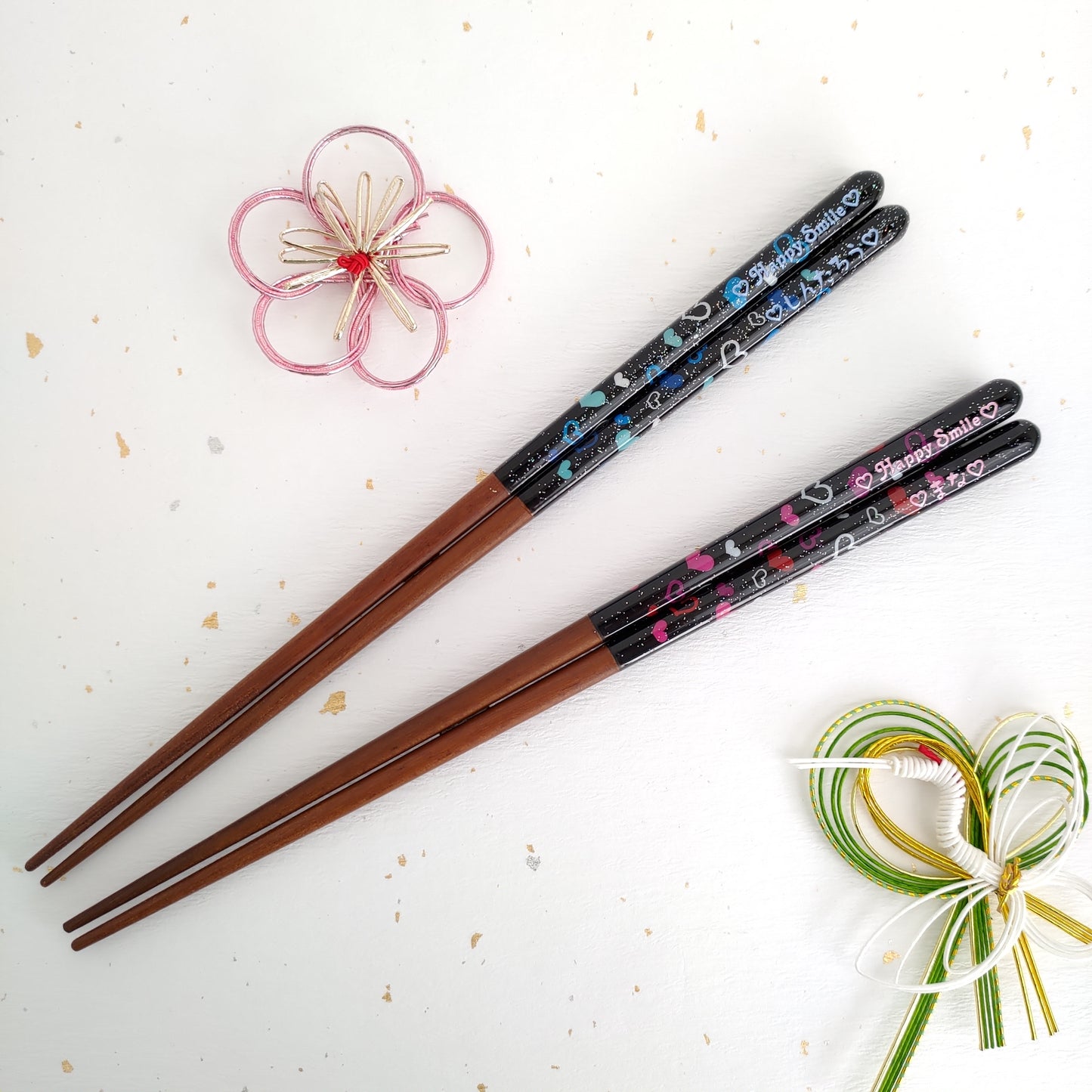 Cute Japanese chopsticks with shiny heart design blue pink - SINGLE PAIR WITH ENGRAVED WOODEN BOX SET