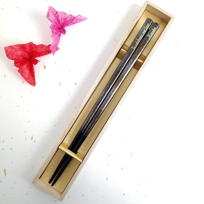 Wonderful Japanese chopsticks with gold and silver dust design  - SINGLE PAIR WITH ENGRAVED WOODEN BOX SET
