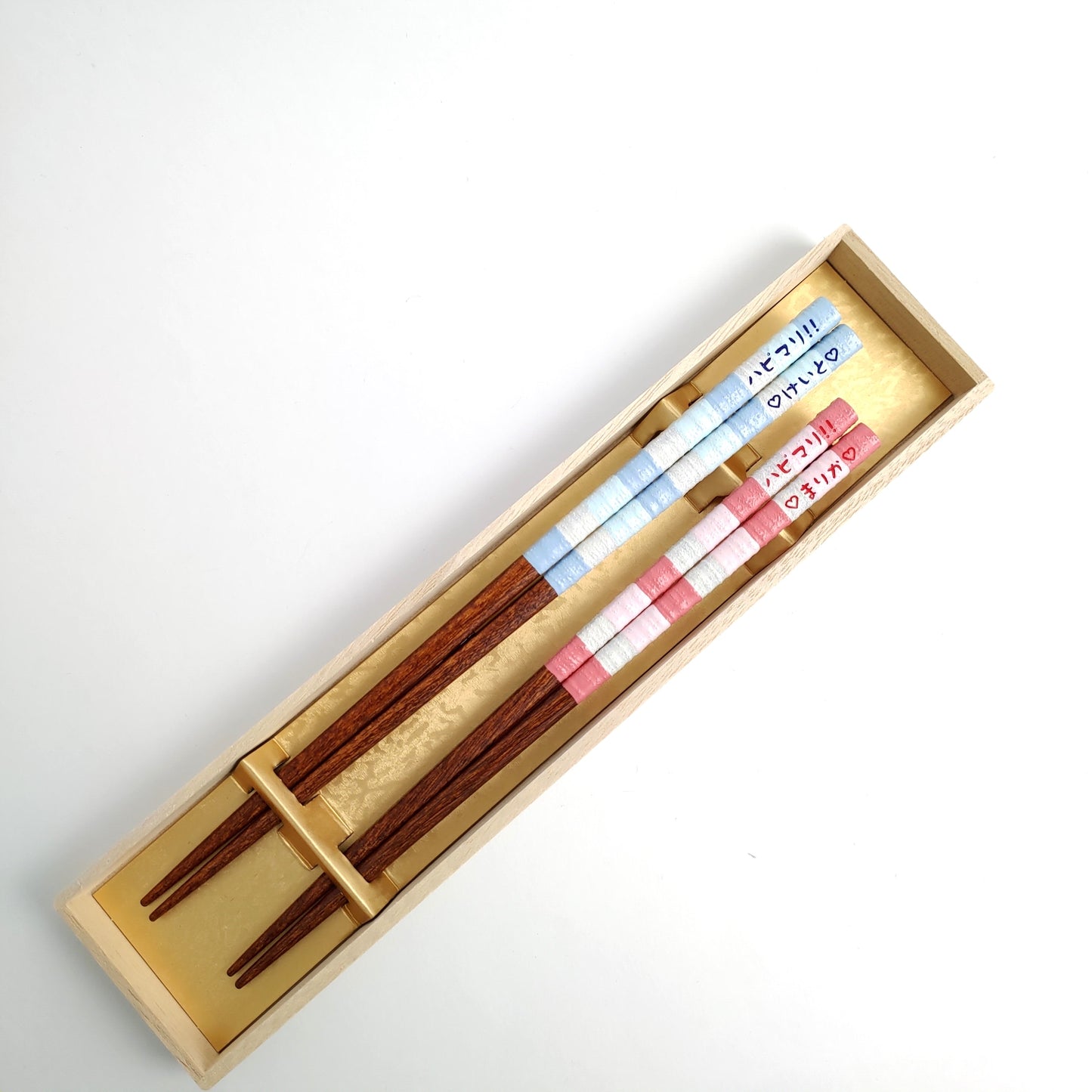 Beautiful Japanese chopsticks with milky stripes design blue pink - DOUBLE PAIR WITH ENGRAVED WOODEN BOX SET