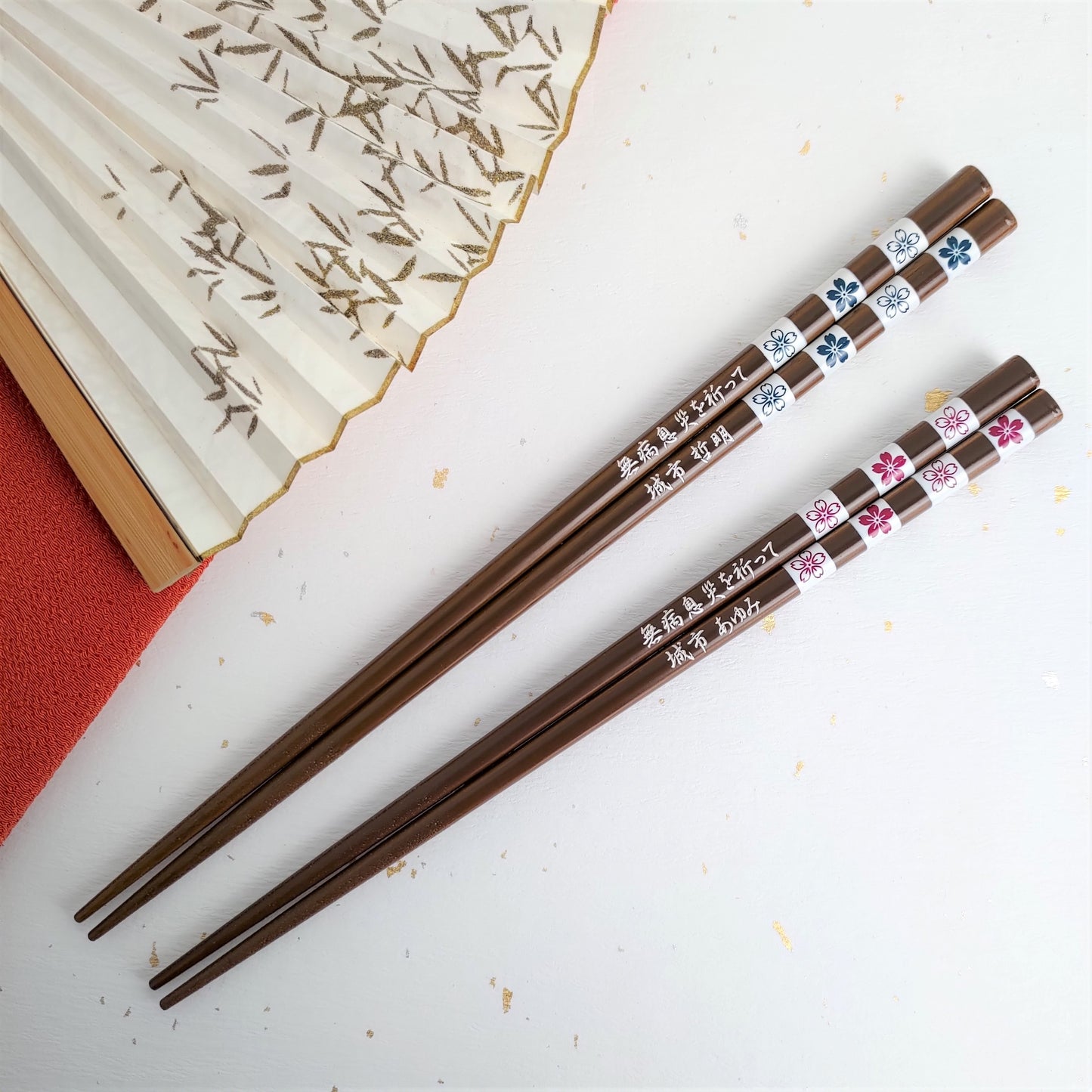 Square Cherry blossom magnetism Japanese chopsticks blue pink - SINGLE PAIR WITH ENGRAVED WOODEN BOX SET