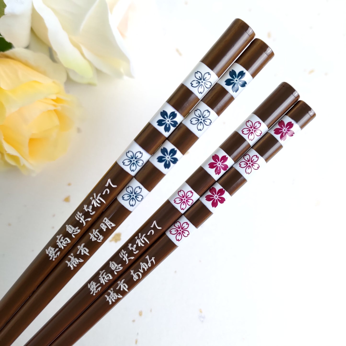 Square Cherry blossom magnetism Japanese chopsticks blue pink - DOUBLE PAIR WITH ENGRAVED WOODEN BOX SET