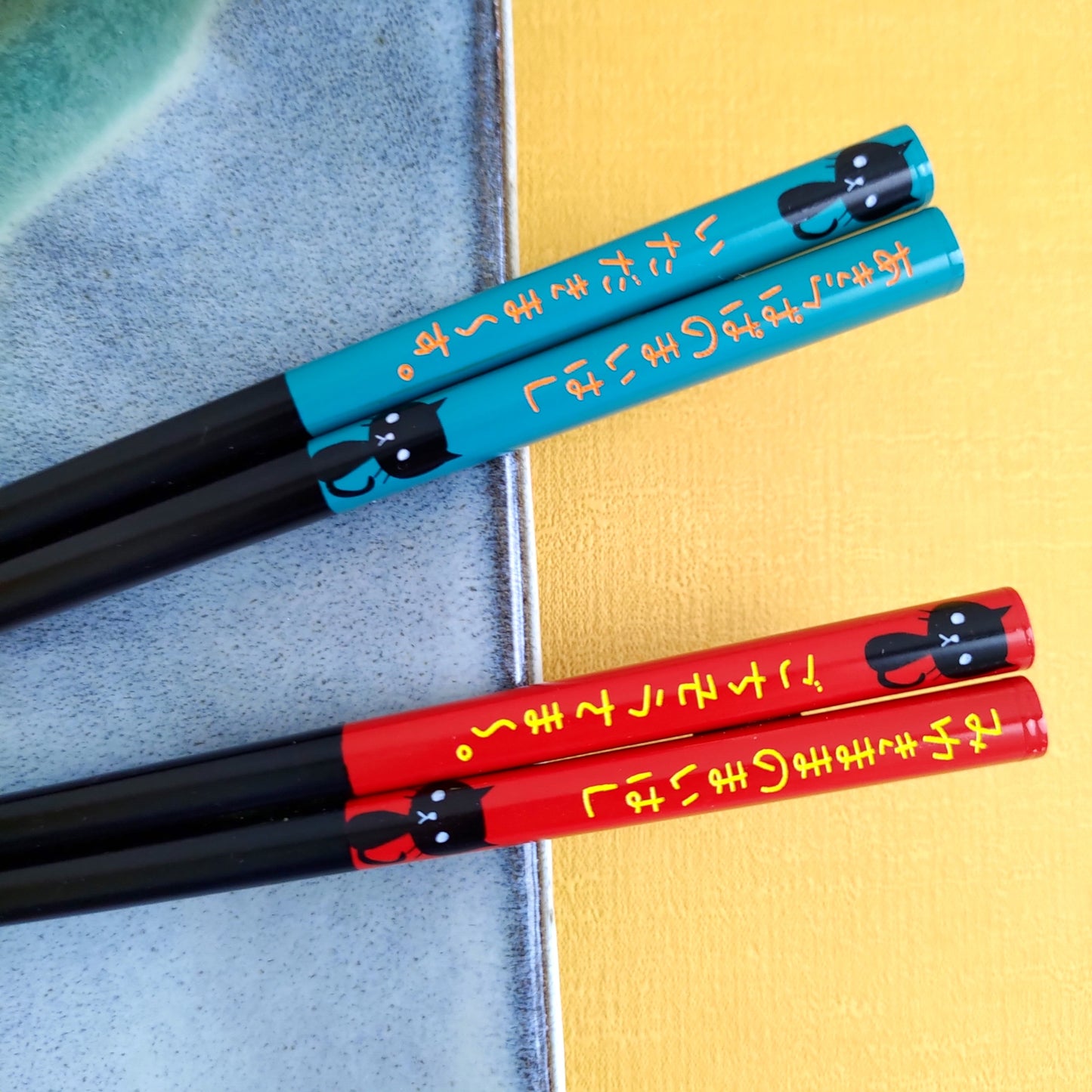 Black cat Japanese chopsticks blue red - DOUBLE PAIR WITH ENGRAVED WOODEN BOX SET