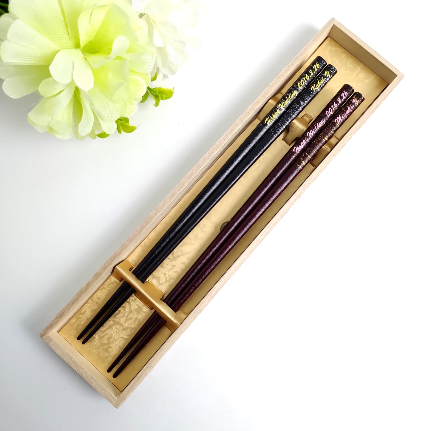 Snow falls Japanese chopsticks black red - DOUBLE PAIR WITH ENGRAVED WOODEN BOX SET