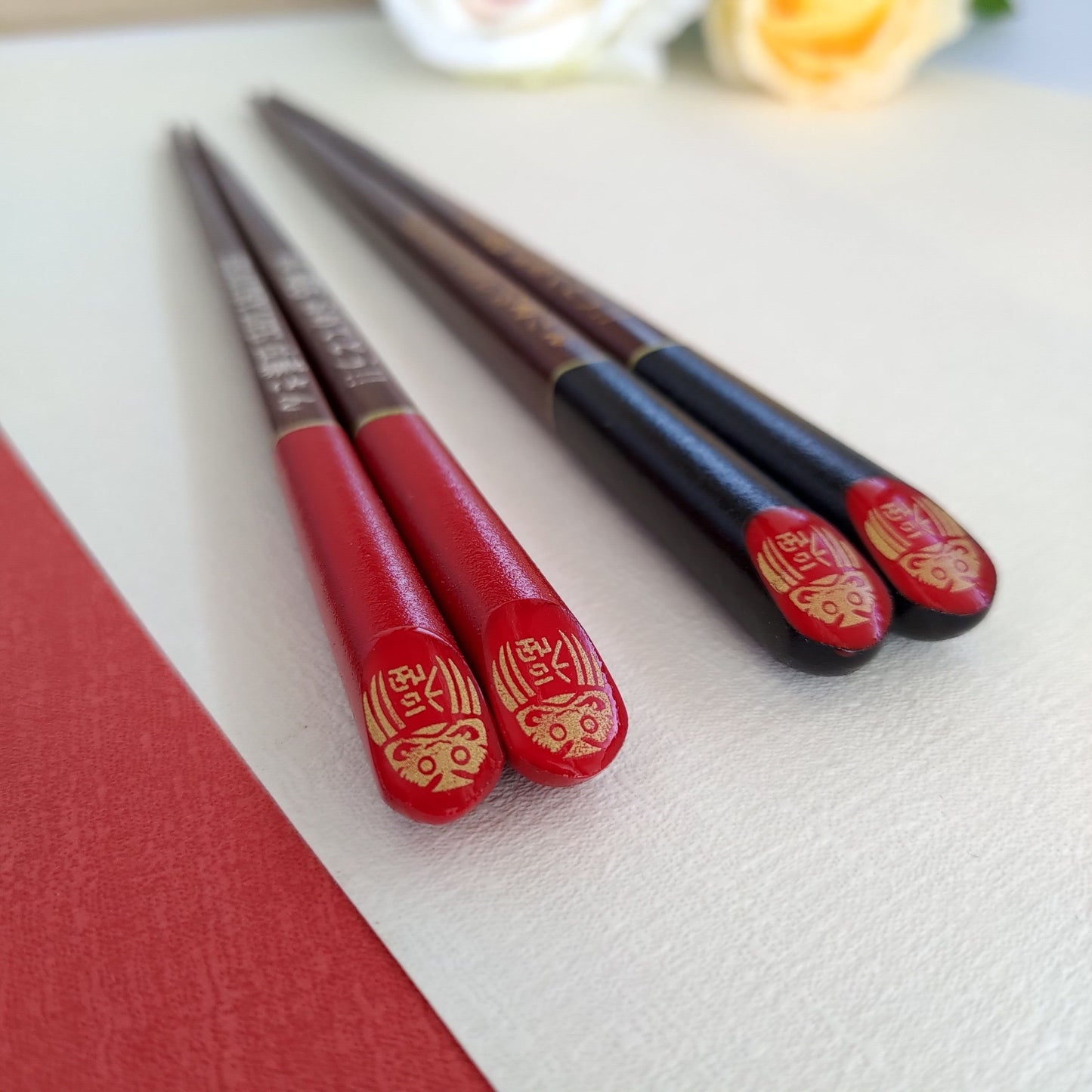 Fukudaruma japanese chopsticks black red  - DOUBLE PAIR WITH ENGRAVED WOODEN BOX SET