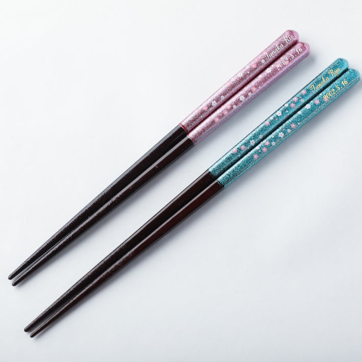 Fantastic shiny Japanese chopsticks with small flowers blue pink - SINGLE PAIR WITH ENGRAVED WOODEN BOX SET